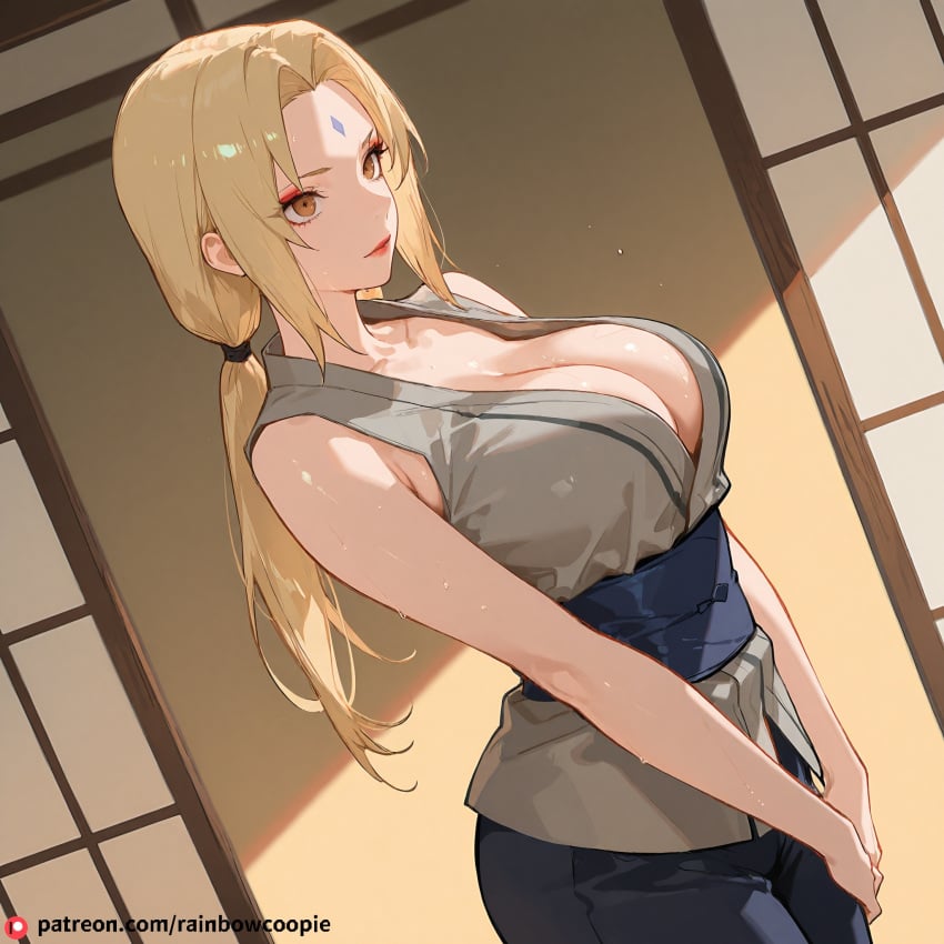 ai_generated arching_back ass_up bare_arms bare_shoulders blonde_hair brown_eyes cleavage collarbone facial_mark forehead_mark grey_kimono japanese_clothes kimono large_breasts long_hair low_twintails makeup mature_female naruto pants parted_bangs sash sigh sleeveless sweaty_skin tsunade twintails yellow_hair