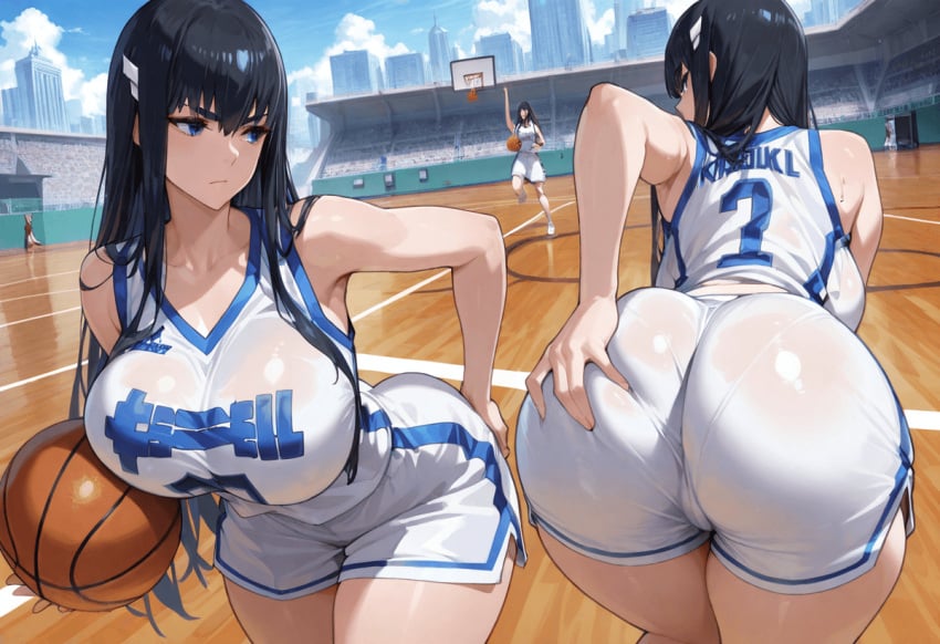 1girls ai_generated ass basketball basketball_uniform big_ass big_breasts black_hair breasts bubble_butt dat_ass female_only huge_ass huge_breasts kill_la_kill kiryuuin_satsuki krownedkueens light-skinned_female short_shorts shorts stadium tank_top thick_thighs thighs two_tone_clothing white_shirt white_shorts