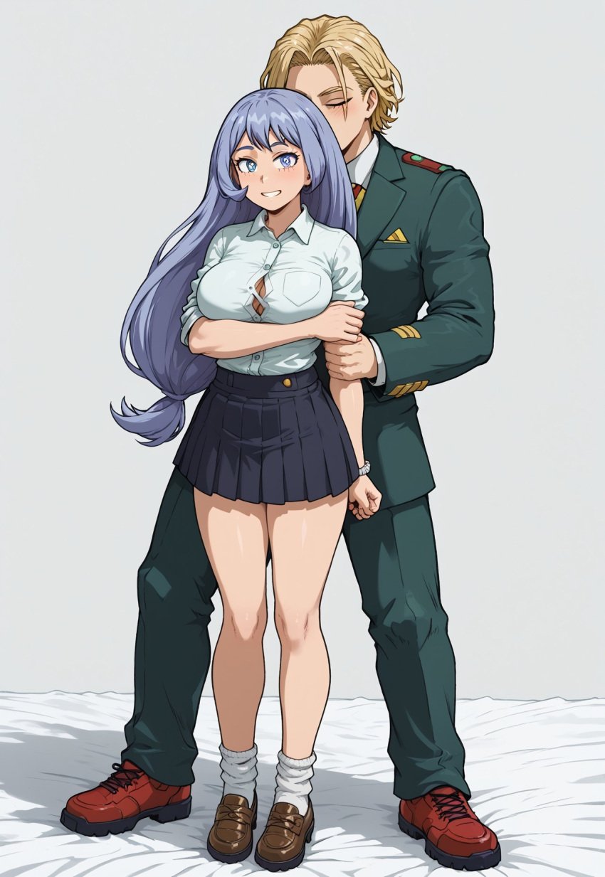 ai_generated blue_eyes blue_hair blush clothed clothing couple couple_(romantic) echodantalian girl light_blue_hair male/female miniskirt my_hero_academia nejire_hado romantic