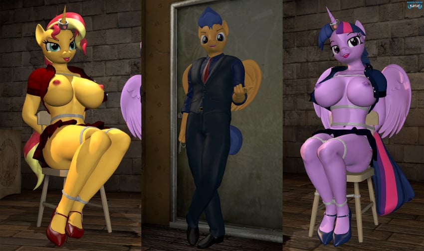 1boy 2girls 3d absurd_res alicorn anthro big_breasts blonde_hair blue_hair bondage bound breasts chair chair_bondage clothed clothing daveman1000 digital_media_(artwork) dominant dominant_male equestria_girls equid equine female flash_sentry_(mlp) footwear friendship_is_magic furniture group hasbro hi_res high_heels horn horn_jewelry horn_ring jewelry male mammal my_little_pony mythological_creature mythological_equine mythology nipples open_clothing open_shirt open_topwear pegasus purple_hair red_hair restraints ring_(jewelry) rope rope_bondage shirt submissive submissive_female sunset_shimmer topwear trio twilight_sparkle_(mlp) unicorn wings