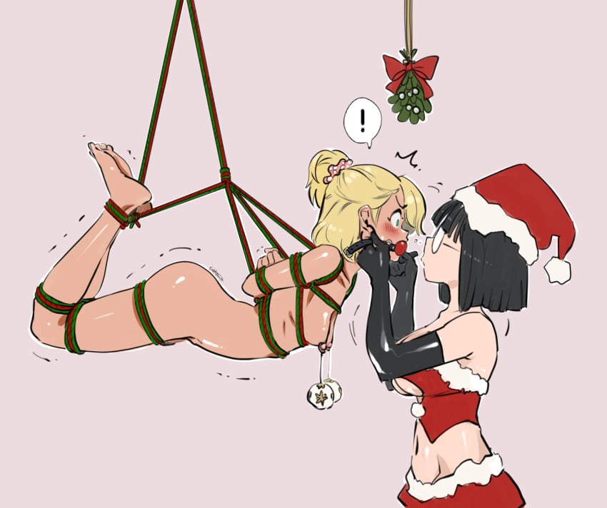 2girls arms_behind_back ball_gag barefoot black_gloves black_hair blonde_hair bondage breasts christmas christmas_ornament_hanging_from_nipple christmas_ornaments clothed_female_nude_female duo earrings elbow_gloves eudetenis female femdom femsub gag glasses gloves gyaru hoop_earrings lezdom mistletoe momoka_(pretzelfan) multiple_girls nipple_ornament nude ponytail pretzelfan reika_(pretzelfan) rope santa_costume santa_hat suprise surprise_gag suspension suspension_bondage yuri