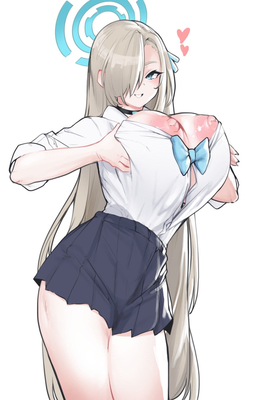 absurdres asuna_(blue_archive) blue_archive blue_eyes breasts breasts_out breasts_squeezed_together brown_hair choker cleaning_&_clearing_(blue_archive) exposed_breasts female highres large_breasts long_hair looking_at_viewer millennium_science_school_student nipples pichipeek smile solo thighs very_long_hair white_background