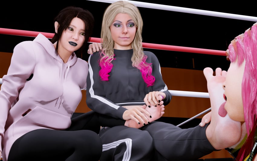 3d 3girls alexa_bliss asagamiyo asuka_(wwe_diva) barefoot black_nails femdom foot_fetish foot_massage licking_foot wwe wwe_diva yuri