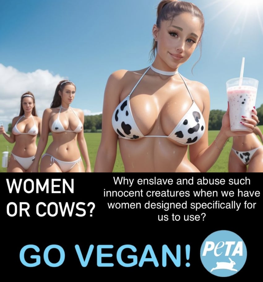 activism actress ai_generated animal_roleplay ariana_grande big_breasts bikini bovine bow bra breastmilk breasts brown_hair caption captive cattle celebrity cow_girl cow_print cup forced_exposure functionally_nude glass group hair_ribbon hair_tie happy hate hips hourglass_figure hucow human_cattle human_livestock kneeling light-skinned_female light_skin milk milk_bottle misogyny pasture peta photoshoot plantation politics pose posing poster promotion promotional_art propaganda protest psa real_person singer slave slave_collar slave_outfit slavegirl slavery tagme tan_body text thick_thighs thighhighs thin_waist vegan wide_hips