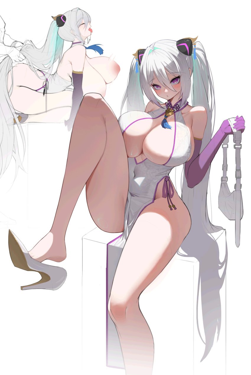 1boy absurdres akiak1 azur_lane bag bare_legs blush bouncing_breasts breasts china_dress chinese_clothes cleavage cleavage_cutout closed_eyes clothing_cutout commentary covered_navel dress elbow_gloves female gloves hair_between_eyes hair_ornament hand_up handbag high_heels highres holding_another's_hair huge_breasts implied_sex kearsarge_(azur_lane) kearsarge_(springtime_monitoring)_(azur_lane) kneeling leg_up long_hair multiple_views neck_tassel nipples official_alternate_costume official_alternate_hairstyle open_mouth pelvic_curtain purple_eyes purple_gloves sex sex_from_behind shoe_dangle side-tie_dress simple_background sitting straight tassel tassel_hair_ornament tongue tongue_out twintails very_long_hair white_background white_hair white_shoes