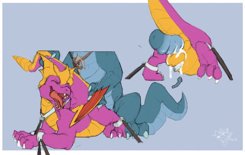 anal anal_sex balls bondage bound chastity chastity_cage cum cum_in_ass cum_inside dirtyturquoise_(artist) domination dragon feral looking_pleasured male penetration sex_toy solo spyro spyro_the_dragon video_games wings yaoi