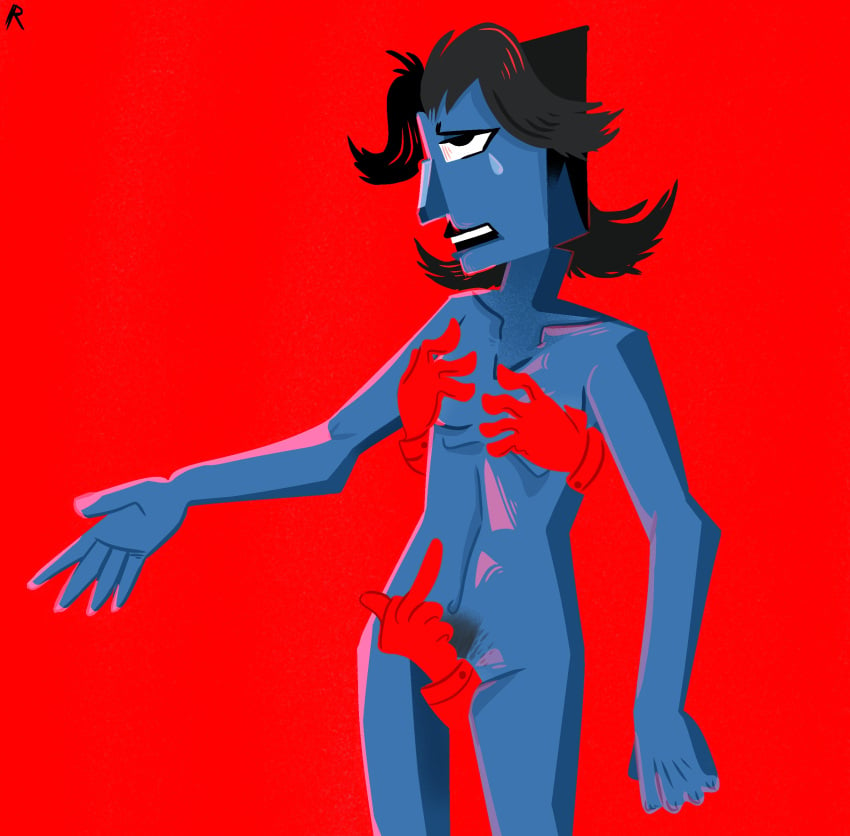 adult anatomy blue_skin blue_sky blum blum_(risobase) body_difference body_dysmorphia body_hate body_positivity bright_colors caricature censored crying does_not_like_her_body dysmorphophobia female gangpol_and_mit hands naked_female normal_breasts oc original_character original_character_do_not_steal posing practice pubic_hair red_background red_hands risobase short_cut short_hair small_breasts standing straight tagme tall unusual_censor vent