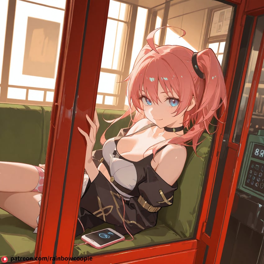 ai_generated blue_eyes medium_breasts milim_nava phone_booth pink_hair seductive_smile sitting tensei_shitara_slime_datta_ken