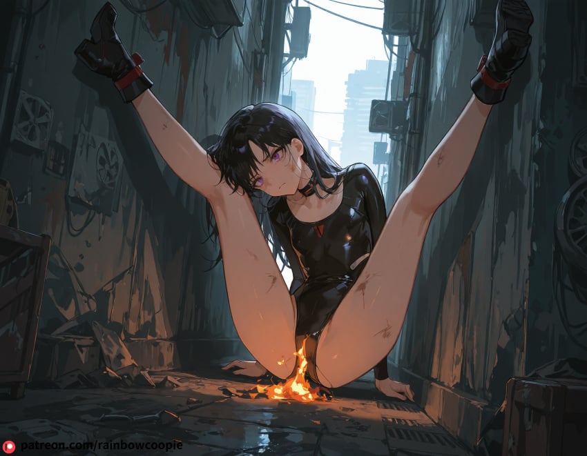 ai_generated athletic_leotard beautfiul_background bright_daylight burning cyberpunk_city dimly_lit dirty_floor flat_chest getting_fucked hino_rei legs_up moonlight scowl standing_against_wall stunning_backgroud