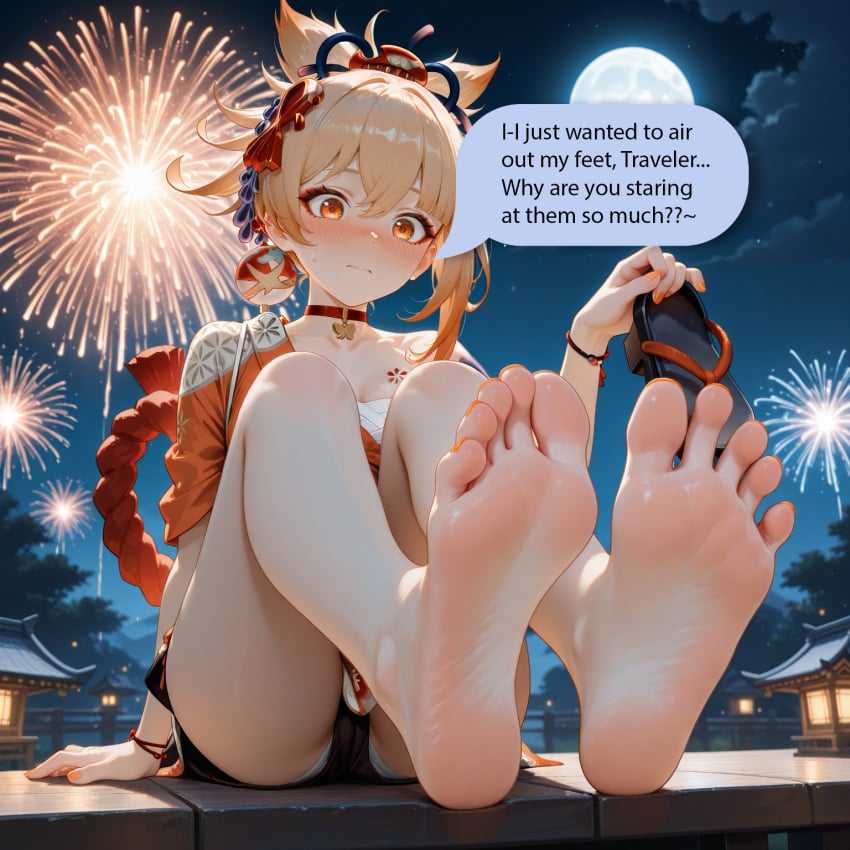 ai_generated amayumi barefoot chat_box chat_bubble feet foot_fetish foot_focus genshin_impact holding_object holding_shoes shoes shoes_removed soles tagme text text_bubble toes yoimiya_(genshin_impact)