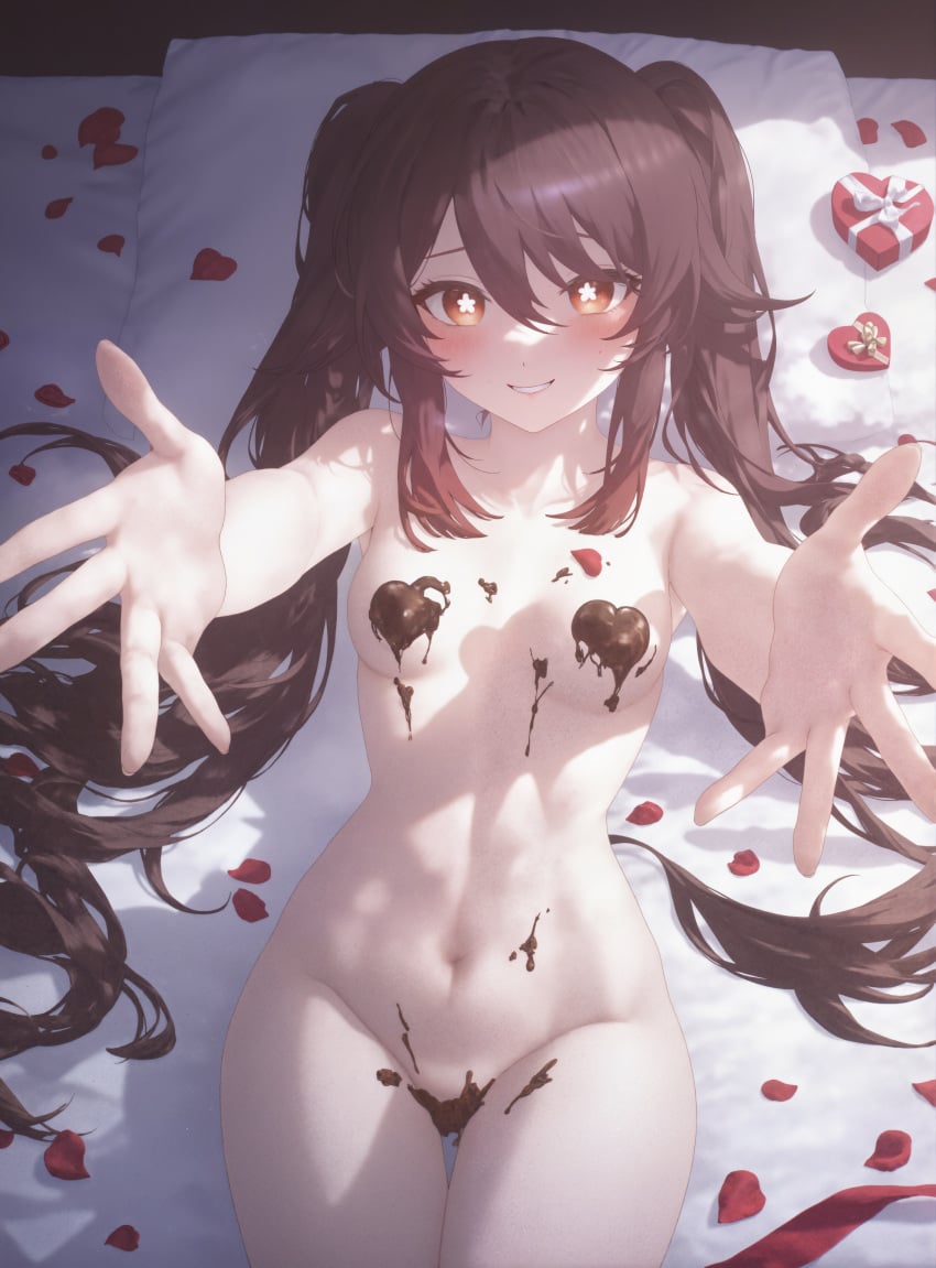 absurd_res ai_generated ass_visible_through_thighs bed bed_sheet blush box box_of_chocolates breasts brown_hair candy chocolate chocolate_on_body chocolate_on_breasts collarbone completely_nude cowboy_shot falling_petals female flower-shaped_pupils food food_on_body genshin_impact gift gift_box grin groin hair_between_eyes hair_spread_out head_on_pillow heart heart-shaped_box heart-shaped_chocolate hu_tao_(genshin_impact) long_hair looking_at_viewer lying medium_breasts ministro navel nude on_back on_bed outstretched_arms outstretched_hand petals pillow raised_eyebrows reaching reaching_towards_viewer red_eyes rose_petals sidelocks small_breasts smile solo stomach symbol-shaped_pupils thigh_gap thighs twintails valentine very_long_hair