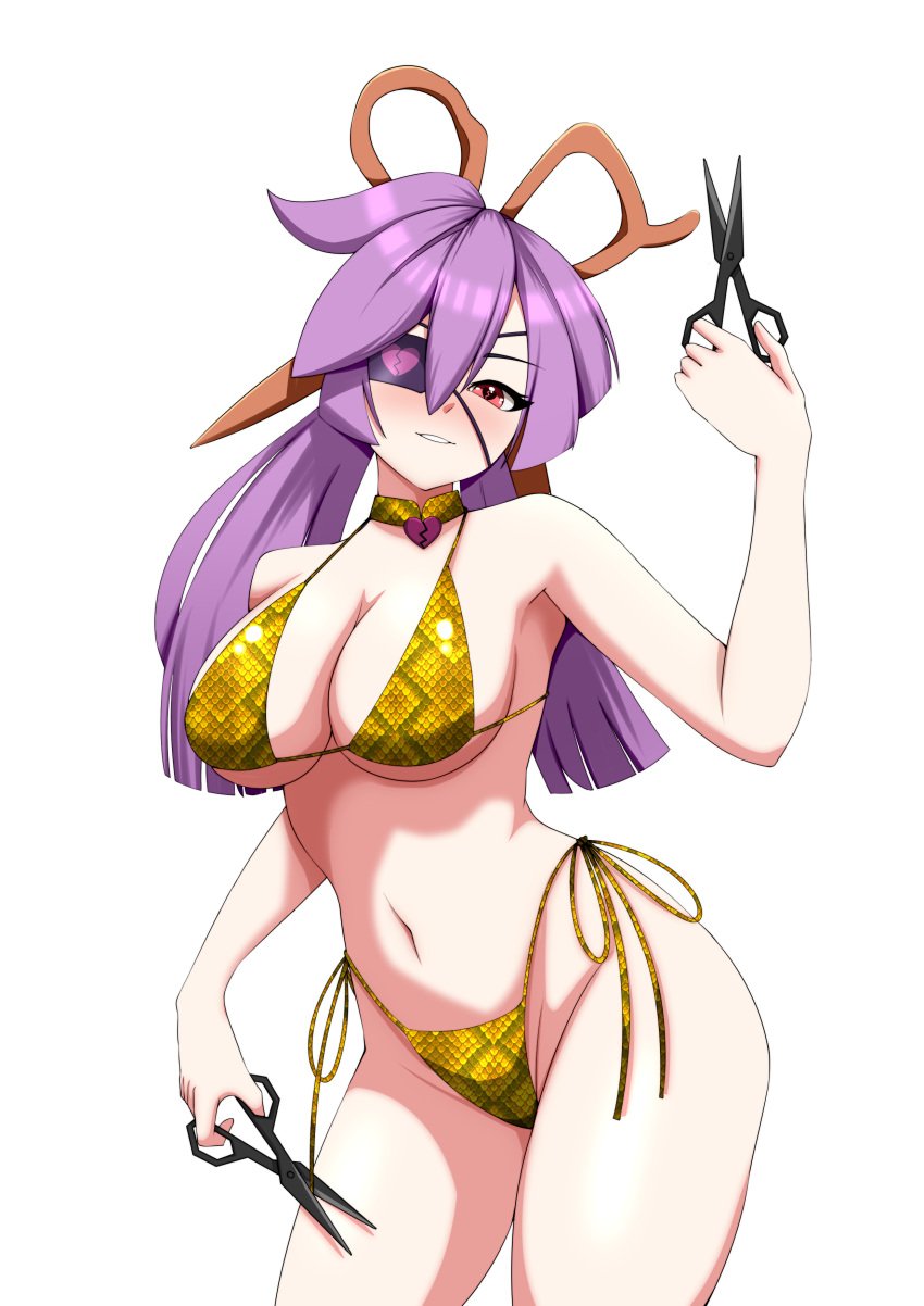 absurdres alternate_costume bikini blush breasts broken_heart_print choker commission commissioner_upload eyepatch female hair_between_eyes heart heart-shaped_pupils heart_choker highres kaln0ir large_breasts long_hair mercy_modiste navel purple_hair scissors scissors_hair_ornament smile snake_print solo swimsuit symbol-shaped_pupils vallure virtual_youtuber