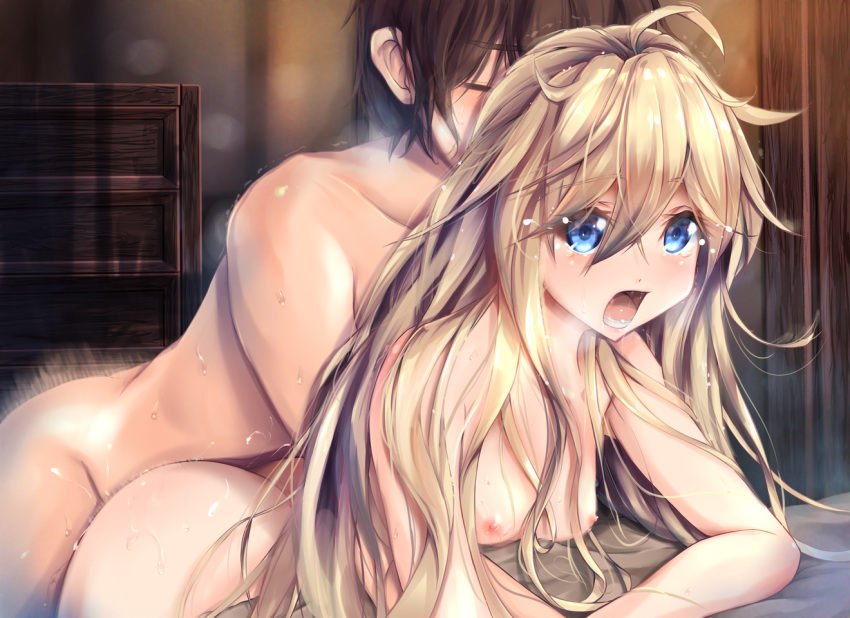 1boy ahoge ass bed blonde_hair blue_eyes blush breasts brown_hair closed_eyes doggy_style female gc3 kneeling leaning_forward long_hair moaning motion_blur nipples nude open_mouth original sex short_hair small_breasts