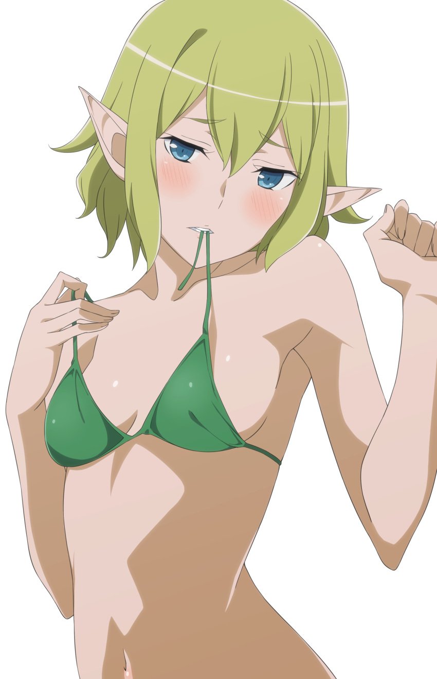 1girls armpits bare_arms bare_belly bare_shoulders belly_button bikini bikini_in_mouth bikini_pull blue_eyes blush breasts cleavage collarbone dungeon_ni_deai_wo_motomeru_no_wa_machigatteiru_darou_ka elf embarrassed green_bikini green_hair parted_lips pointy_ears ryuu_lion shiny_skin short_hair shou937 small_breasts untied_bikini_top upper_body