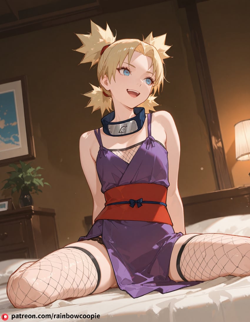 :d ai_generated beautfiul_background bedroom blonde_hair blue_eyes fishnets flat_chest purple_garment quad_tails sash sitting stunning_backgroud temari_(naruto)