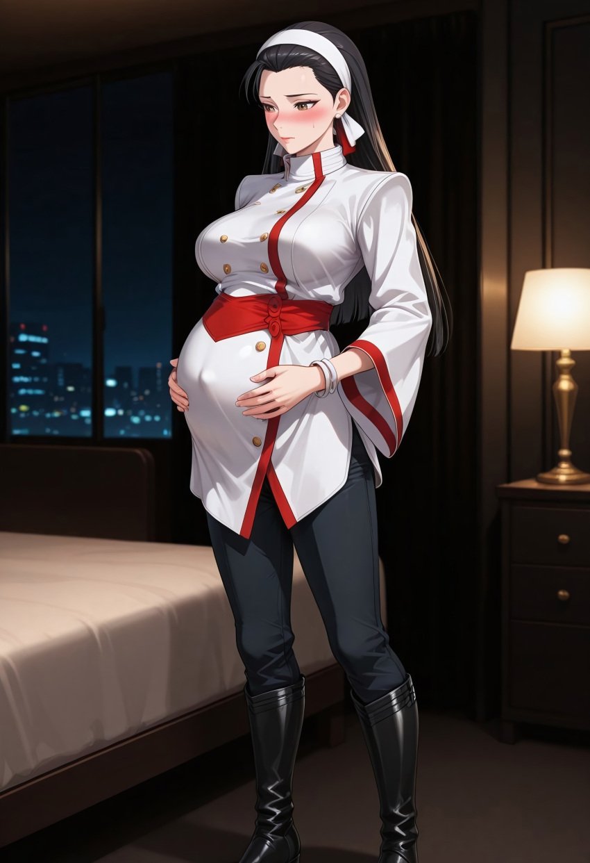 accessory ai_generated belly belly_button big_breasts black_pants blush blush blushed_face boots chizuru_kagura civitai dark_pants dubious_consent forced_pregnancy headband king_of_fighters kof long_hair pregnant unwanted_pregnancy white_skin