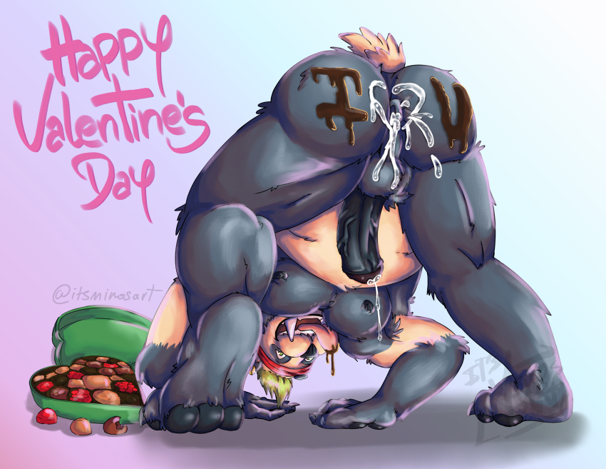 anthro ass balls bear belly big_belly black_body bodily_fluids candy chocolate choro_the_tusk_panda dessert erection food fur genital_fluids genitals giant_panda hair hi_res holidays itsminosart male male/male mammal muscular muscular_anthro muscular_male nipples nude overweight overweight_male penis presenting simple_background solo valentine&#039;s_day white_body white_fur