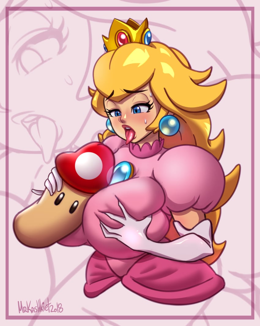 1girls alternate_breast_size alternate_version_available between_breasts big_breasts blonde_hair blue_eyes clothed dress elbow_gloves female fully_clothed gloves huge_breasts mario_(series) mrkashkiet mushroom nintendo princess_peach straight super_mario_bros. text watermark