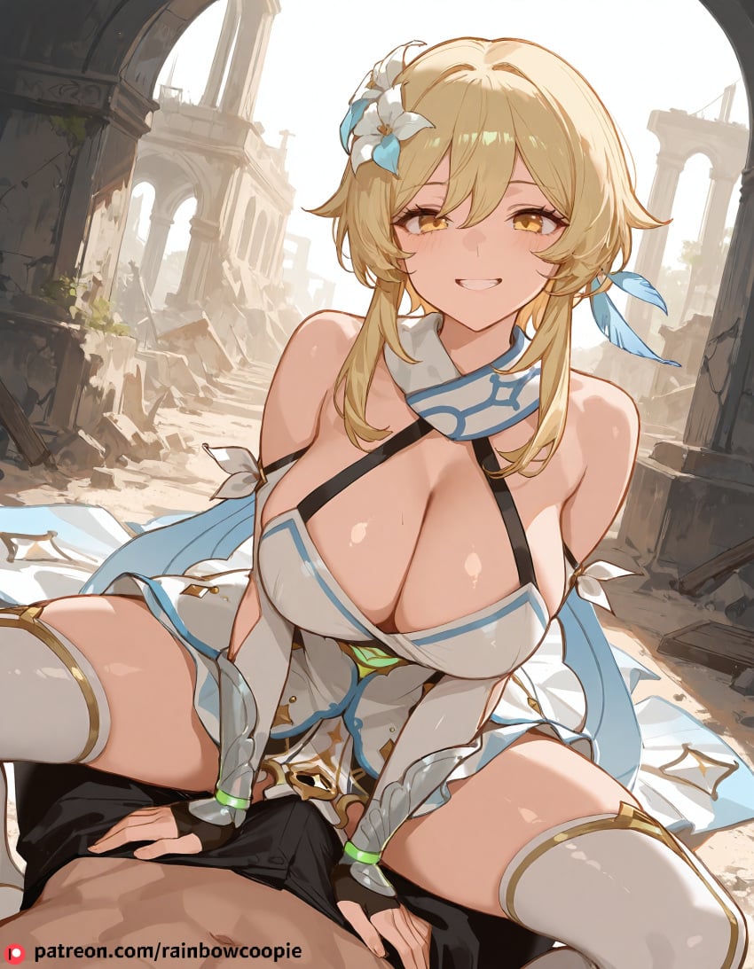 ai_generated ancient_ruins beautfiul_background buttjob desolate_landscape grin huge_breasts lumine_(genshin_impact) mist-covered_ground pov stormy stunning_backgroud thighhighs