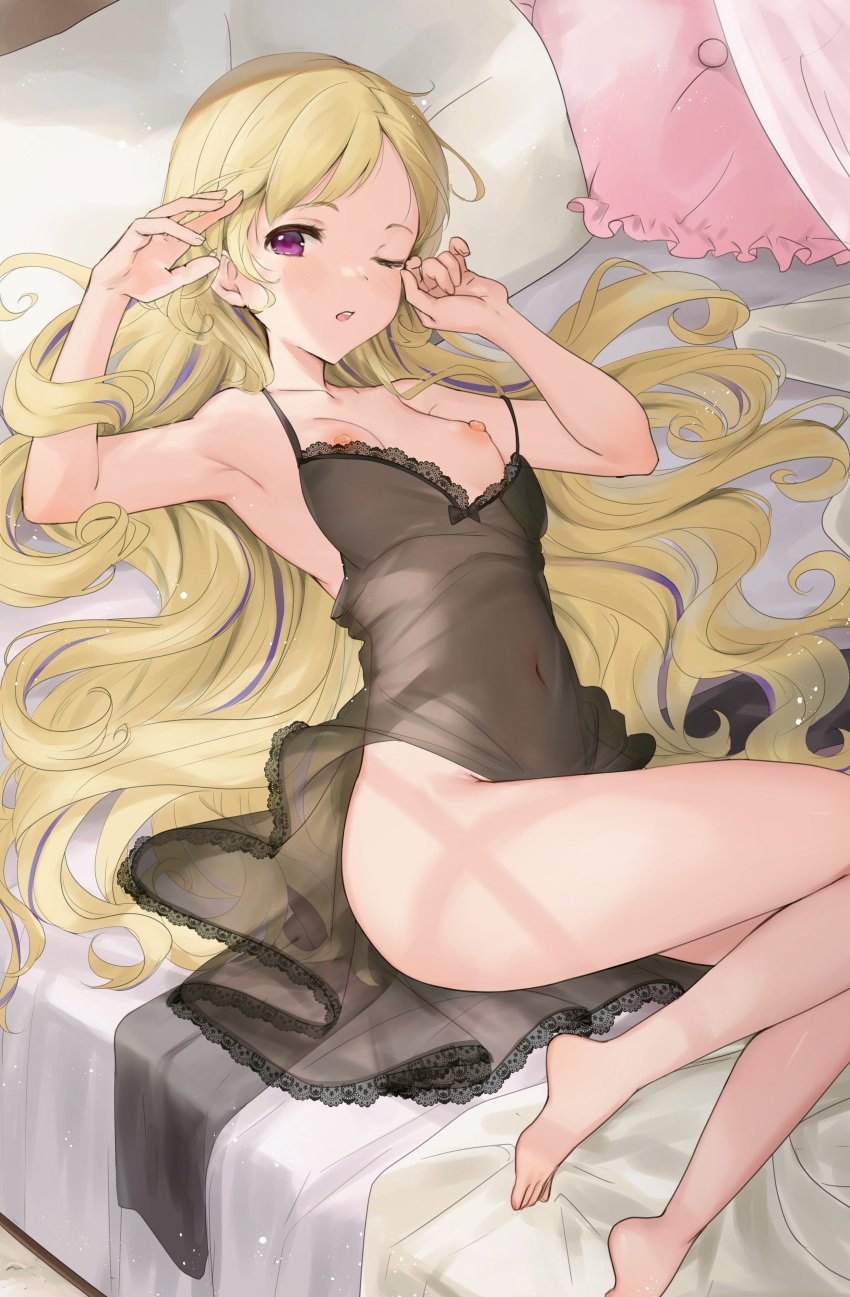 absurdres barefoot bed black_dress breasts commentary commission covered_navel dress elise_(fire_emblem) english_commentary female fire_emblem fire_emblem_fates from_above hair_down haru_(nakajou-28) highres indoors legs long_hair lying multicolored_hair naked_dress navel nintendo nipples on_back on_bed one_eye_closed pillow purple_eyes purple_hair second-party_source see-through_clothes see-through_dress skeb_commission small_breasts solo streaked_hair swept_bangs thighs variant_set