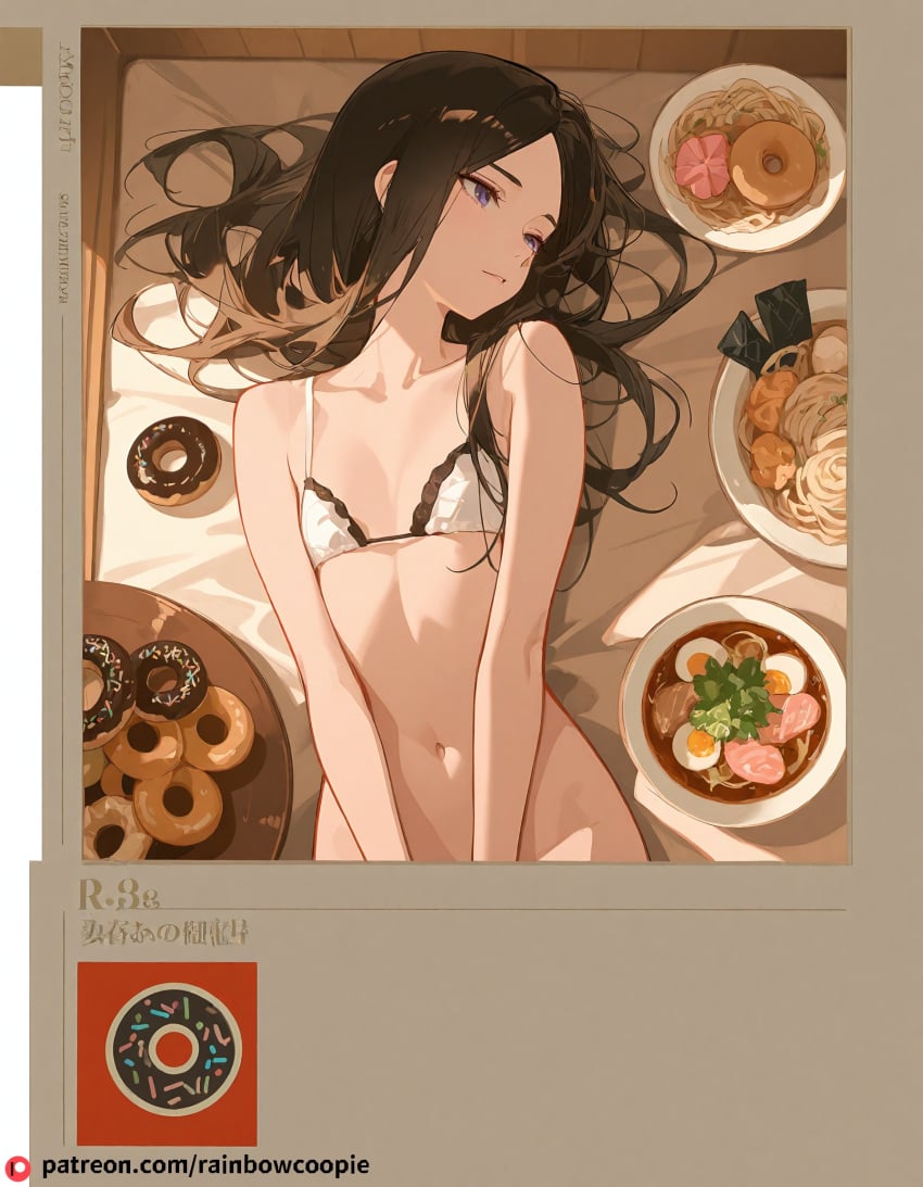 ai_generated blush doughnut flat_chest jam model_sheet noodles seductive_lying unohana_retsu