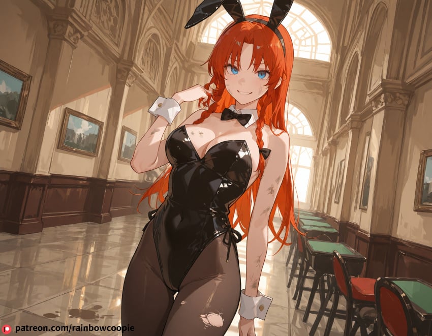 ai_generated beautfiul_background bunnysuit cluttered_room dirty empty_room grin hair_messy hong_meiling large_breasts museum stunning_backgroud twirling