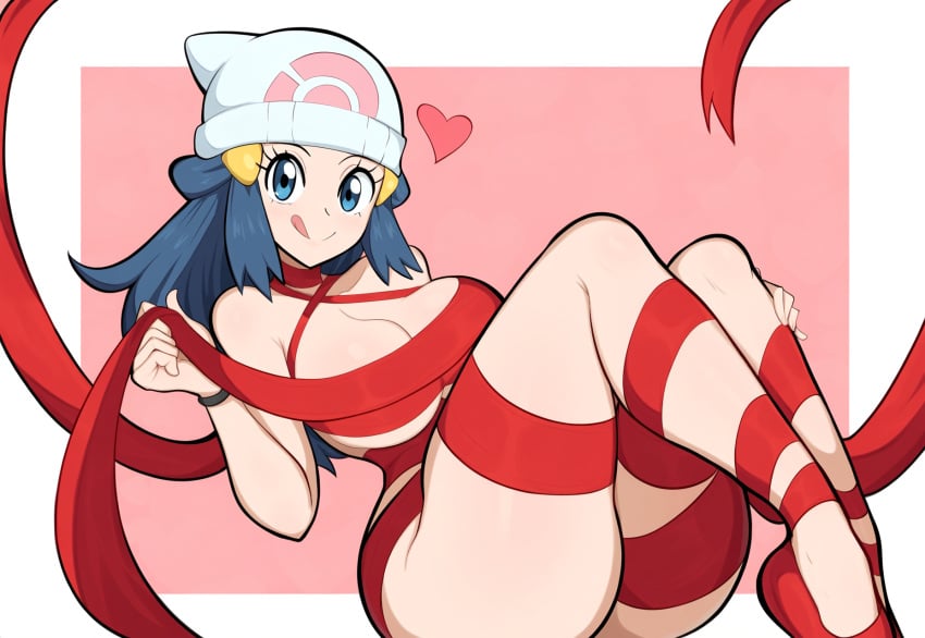 ai_generated blue_eyes convenient_censoring dawn_(pokemon) female large_breasts mullon naked naked_ribbon nude pokemon pokemon_dppt ribbon ribbon_bondage solo thick_thighs valentine valentine's_day