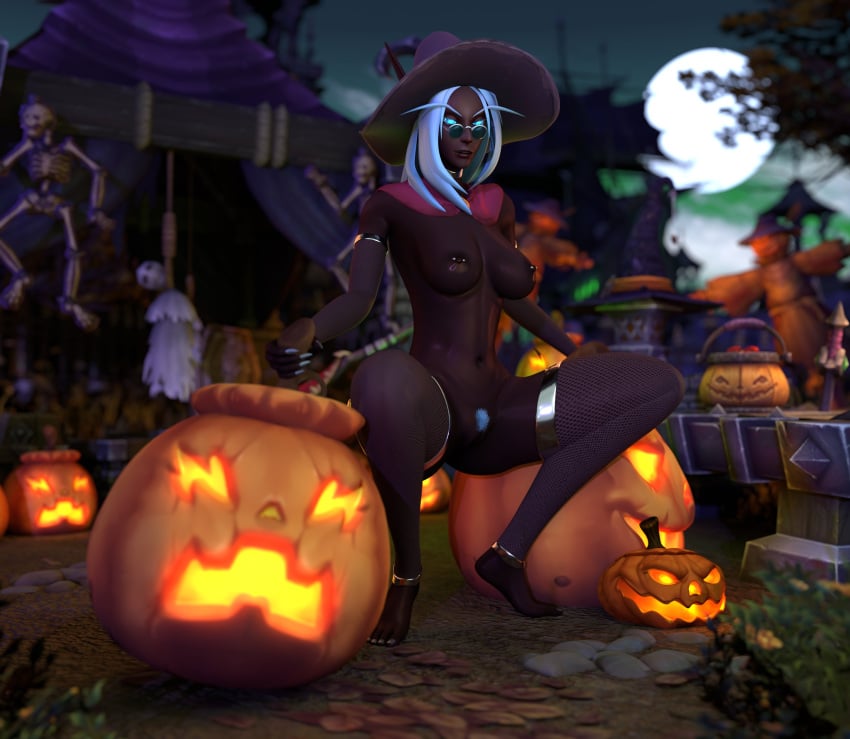 1girls 3d barbell_piercing big_breasts blizzard_entertainment blood_elf dark-skinned_female dark_skin female female_only halloween jack-o&#039;-lantern liana_(mrtaxman) looking_at_viewer mrtaxman nipple_piercing nude original_character pinup pubic_hair pussy solo spread_legs squatting stockings thick_thighs warcraft white_hair witch_hat world_of_warcraft