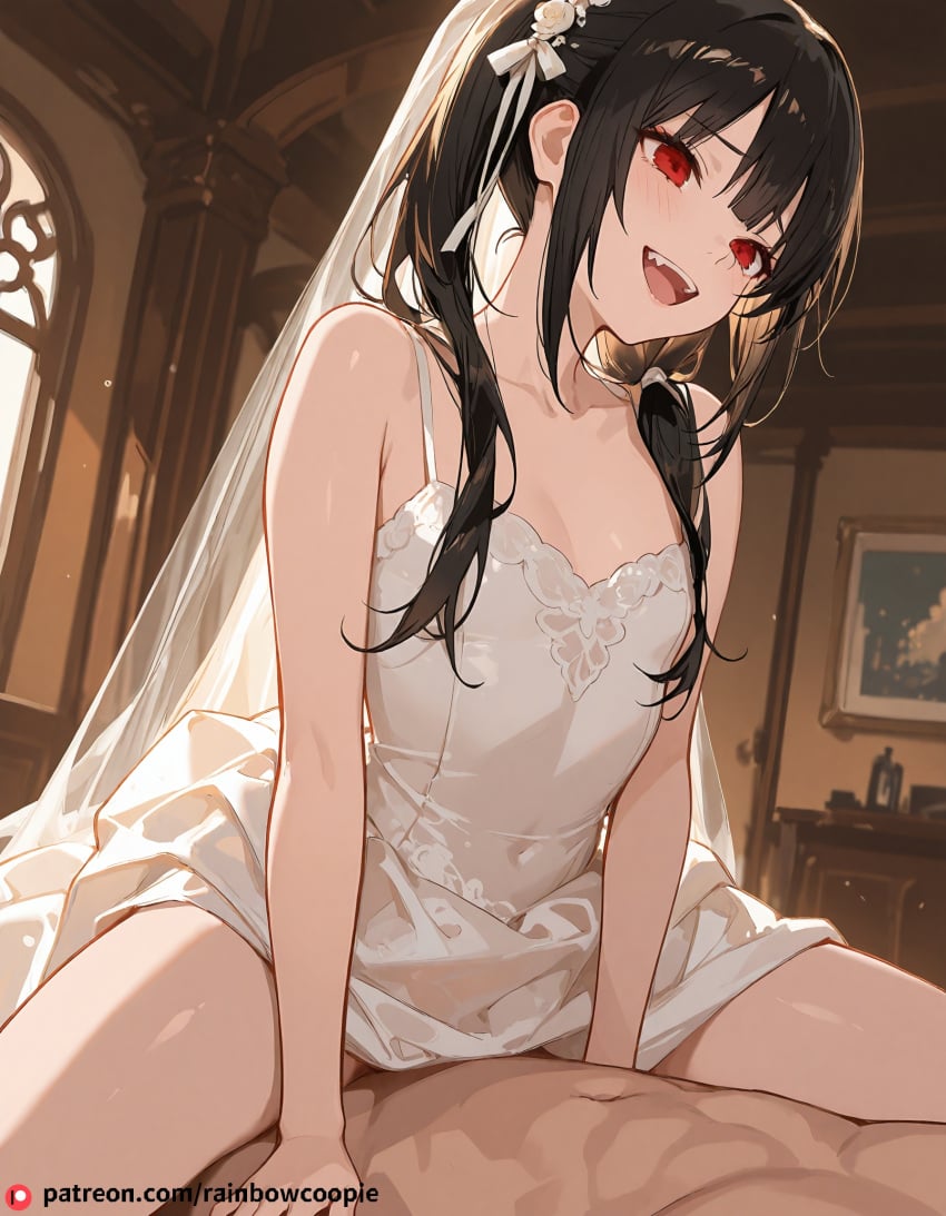 1boy ai_generated beautfiul_background chinese_style_loft flat_chest laughing reverse_cowgirl_sex_position stunning_backgroud tokisaki_kurumi wedding_dress white_dress