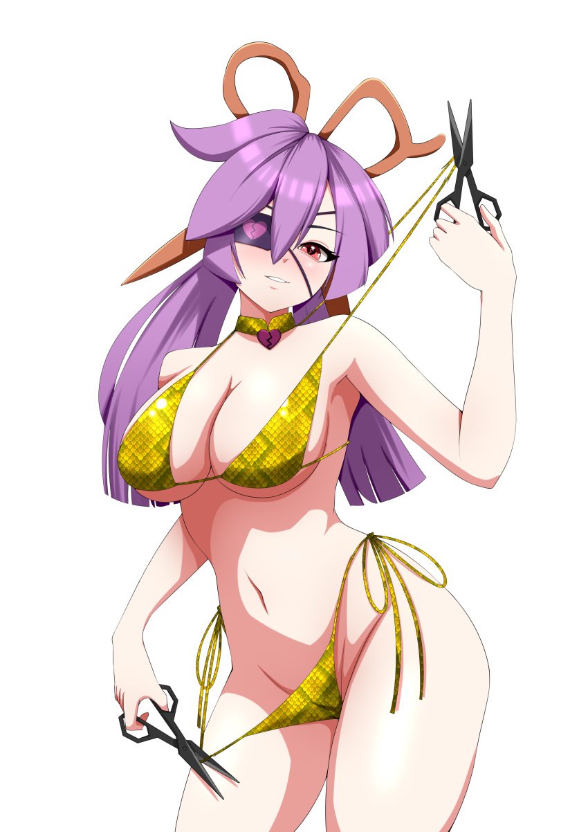 absurdres alternate_costume bikini blush breasts broken_heart_print choker commission commissioner_upload cutting_clothes eyepatch female hair_between_eyes heart heart-shaped_pupils heart_choker highres kaln0ir large_breasts long_hair mercy_modiste navel purple_hair scissors scissors_hair_ornament smile snake_print solo swimsuit symbol-shaped_pupils vallure virtual_youtuber