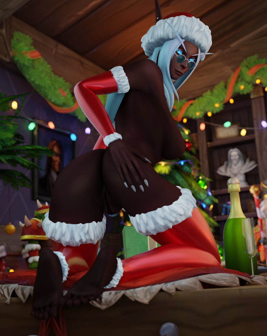 1girls 3d anus barbell_piercing big_ass big_breasts blizzard_entertainment blood_elf christmas dark-skinned_female dark_skin female female_only liana_(mrtaxman) mrtaxman nipple_piercing nude original_character pinup pubic_hair pussy santa_hat solo spread_legs thick_thighs thighhighs warcraft white_hair winter_veil world_of_warcraft