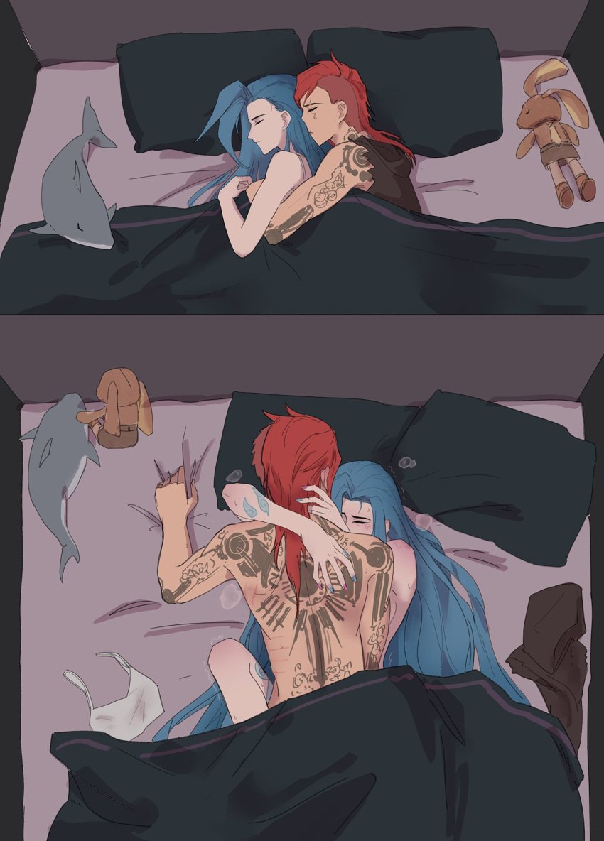 2d 2girls arcane arcane_jinx arcane_vi athletic_female back bed between_legs blue_hair blush closed_eyes cuddling embrace female female_only huanyu hug hugging incest jinx_(league_of_legends) league_of_legends lesbian_sex long_hair lying lying_on_back muscles muscular muscular_female nude on_bed passionate red_hair scratch_marks scratches scratching sex siblings sisters sleeping spooning spread_legs tattoo tattoos very_long_hair vi yuri