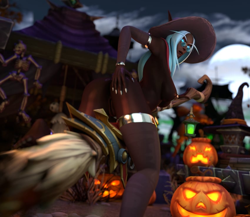 1girls 3d anus barbell_piercing big_ass big_breasts blizzard_entertainment blood_elf dark-skinned_female dark_skin female female_only halloween liana_(mrtaxman) looking_at_viewer looking_back mrtaxman nipple_piercing nude original_character pinup pubic_hair pussy solo stockings thick_thighs warcraft white_hair witch_hat world_of_warcraft