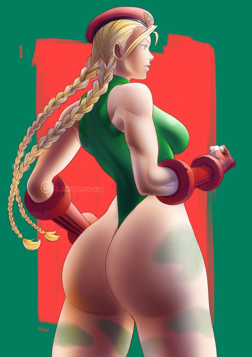 ass big_ass blonde_female blonde_hair braided_twintails cammy_white capcom green_leotard leotard r41to street_fighter thick_ass