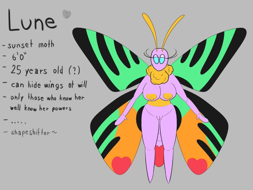 2d 2d_(artwork) antennae breasts cyan_eyes eyebrows eyelashes fur_collar heart heart_symbol hi_res information insect insect_girl lune_(philahorns) moth moth_girl nipple philahorns purple_body pussy tagme wings yellow_fur yellow_nipples