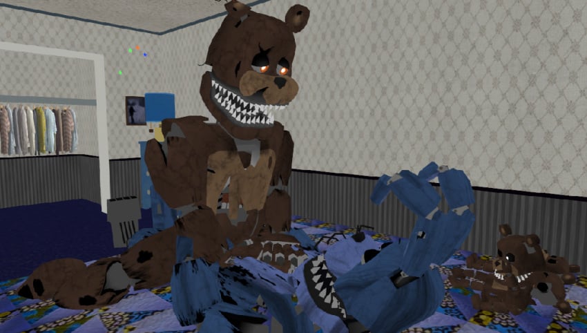 2boys 3d animatronic animatronic_male bear bed bedroom being_watched being_watched_by_children blue_body brown_body bunny dick five_nights_at_freddy's five_nights_at_freddy's_4 fnaf freddles freddles_(fnaf) furry? gay_sex hands_on_chest implied implied_anal implied_penetration indoors lidded_eyes male/male male_only maledom malesub missing_accessory nightmare_bonnie nightmare_bonnie_(fnaf) nightmare_freddy nightmare_freddy_(fnaf) no_humans on_bed part_of_a_set penetration rabbit riding riding_penis sex sharp_teeth sub_on_top submissive unknown_artist watching watching_sex whiskers