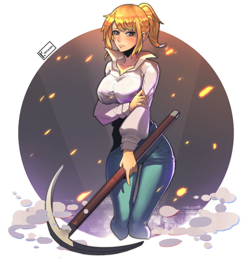 1female 1girl 1girls 2020 2020s 2d 2d_(artwork) 2d_artwork big_boobs big_breasts big_tits blonde_female blonde_hair blonde_hair_female boobs breasts cha_hae_in female female_focus female_only hi_res high_quality high_resolution highres kunsword shovel shy solo solo_female solo_focus solo_leveling tits