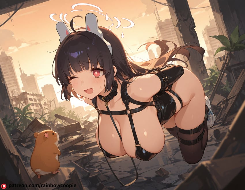 ;d ai_generated beautfiul_background bondage bondage bondage_outfit coffee collar hamster harness huge_breasts jumping miyu_(blue_archive) plant rubble_ruins stunning_backgroud