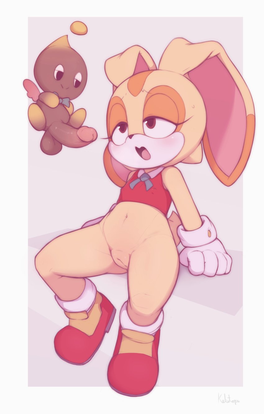 anthro balls big_penis brown_skin bunny_ears chao_(sonic) chocola_the_chao clothing cream_fur cream_the_rabbit cub female floating gloves kekitopu lagomorph long_ears male mammal penis pussy rabbit sega shoes sonic_(series) video_games young