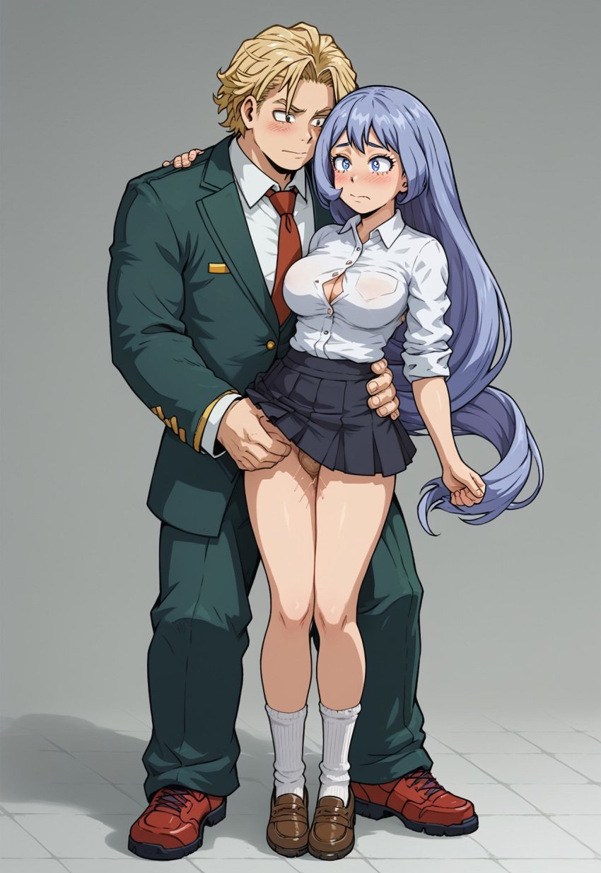 ai_generated blue_eyes blue_hair blush clothed clothing couple echodantalian embarrassed flirting girl holding_waist light_blue_hair male/female miniskirt my_hero_academia nejire_hado penis penis_between_thighs penis_out shirt shy