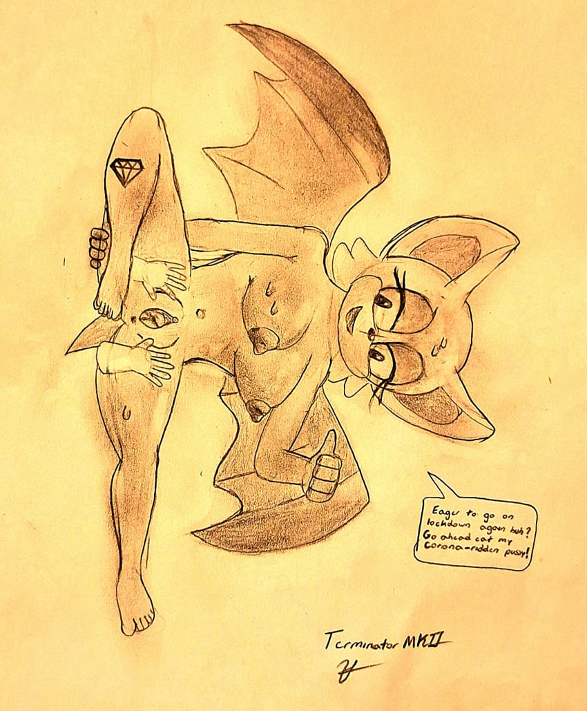 bat big_breasts chiropteran dialogue offscreen_character presenting pussy rouge_the_bat sonic_(series) sonic_the_hedgehog_(series) spread_pussy spreading tattoo terminatormkii traditional_media traditional_media_(artwork)