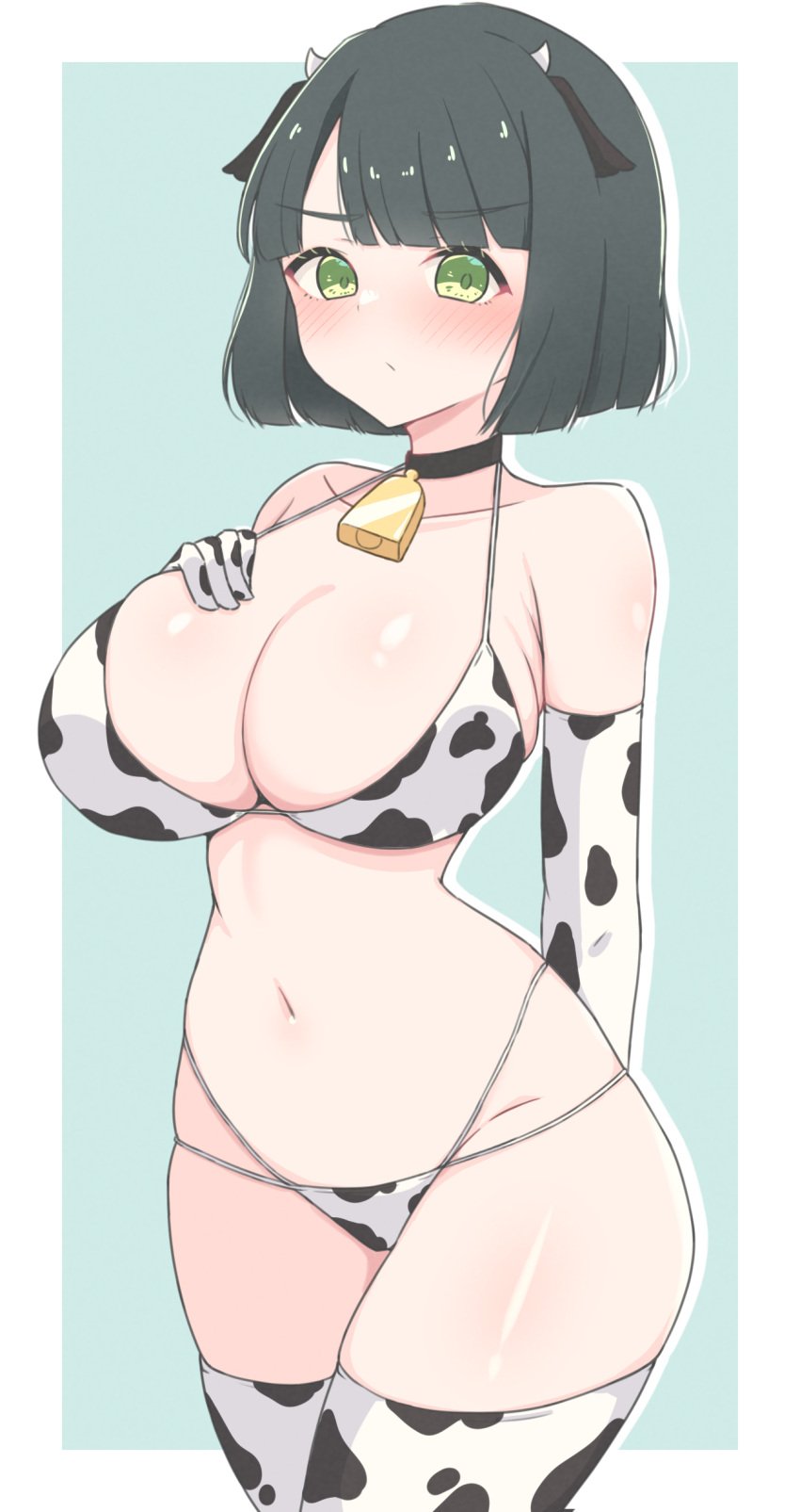 absurdres alternate_costume animal_ears animal_print bell bikini black_hair blunt_bangs blunt_ends bob_cut border breasts cleavage collarbone cow_ears cow_horns cow_print cow_print_bikini cow_print_gloves cow_print_thighhighs cowbell cowboy_shot elbow_gloves fake_animal_ears fake_horns female gloves green_background green_eyes highres horns large_breasts link!_like!_love_live! love_live! momose_ginko multi-strapped_bikini_bottom outside_border print_bikini print_gloves print_thighhighs rokoroko_65 short_hair simple_background solo string_bikini swimsuit thighhighs virtual_youtuber white_bikini white_border white_gloves