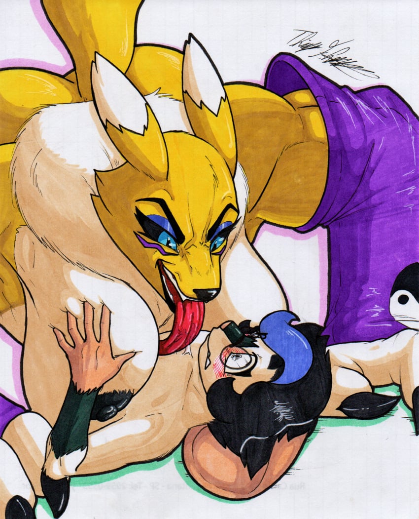 ambiguous_gender anthro armwear ass bandai_namco black_nipples black_sclera blue_eyes blush bodily_fluids breasts canid clothing digimon digimon_(species) dominant dominant_female duo elbow_gloves female fur gloves handwear hi_res licking long_tongue male male/female mammal mouse murid murine nipples renamon rodent rotten_owl simple_background tongue tongue_out traditional_media_(artwork) white_background white_body white_fur yellow_body yellow_fur