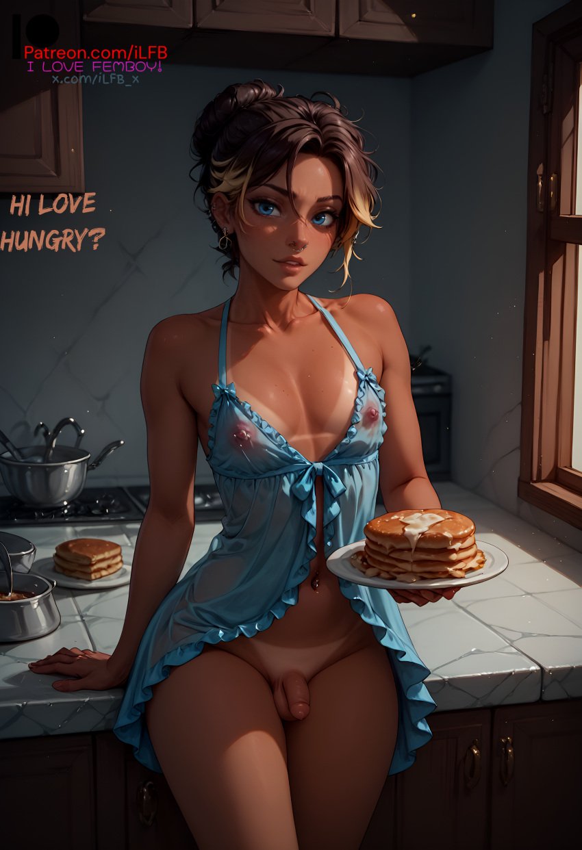 1boy 2025 2d ai_generated balls blue_eyes breakfast brown_body brown_hair brown_skin cock dick ear_piercing earrings english english_commentary english_dialogue english_text femboy flaccid flaccid_penis flat_chest hi_res high_resolution highres ilfb long_hair looking_at_viewer more_at_source penis self_upload small_penis standing tan tan_body tan_skin tanned tanned_skin testicles text text_box text_bubble trap uncensored yaoi yellow_hair