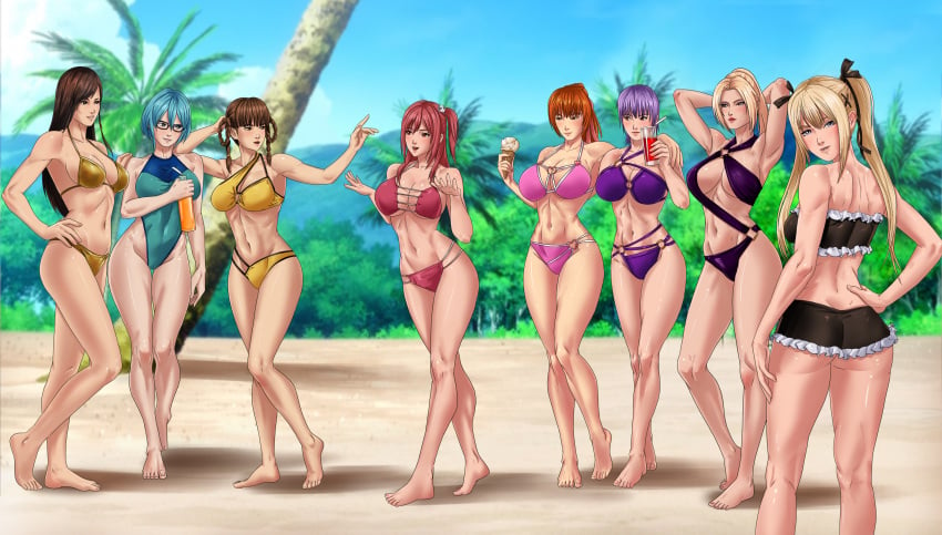 amenoosa ass_focus ayane_(doa) barefoot beach beach_background big_ass big_breasts bikini bikinis blonde_hair blue_hair brown_hair buns chinese_girl dead_or_alive frilled_bikini glasses harem honoka_(doa) hourglass_figure kasumi_(doa) kokoro_(doa) large_breasts lei_fang long_hair long_legs looking_at_viewer marie_rose nico_(doa) one_piece_swimsuit pink_bikini ponytail purple_bikini purple_hair rachel_(ninja_gaiden) red_hair short_hair thick_thighs twin_braids twintails