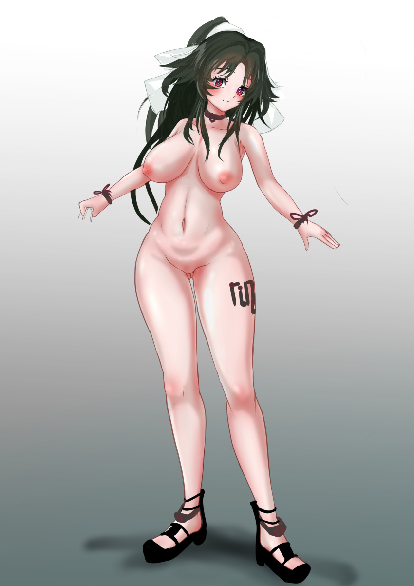 absurdres armlet blush breasts collar commentary female gradient_background highres jewelry leg_tattoo long_hair looking_at_viewer navel nipples nude original paschoari red_eyes sandals shadow smile solo standing tachi-e tattoo