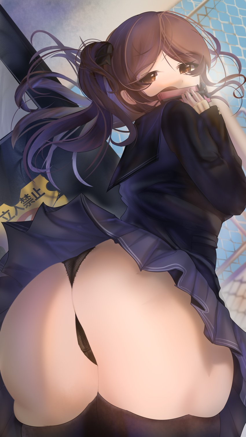 absurdres amagami ass ass_focus black_jacket black_panties black_sailor_collar black_thighhighs blazer box brown_eyes brown_hair cowboy_shot female from_behind gift gift_box grey_skirt highres holding holding_gift jacket kibito_high_school_uniform long_sleeves looking_at_viewer looking_back medium_hair microskirt nakata_sae panties pleated_skirt sailor_collar school_uniform skirt solo takedan thighhighs thong twintails underwear winter_uniform