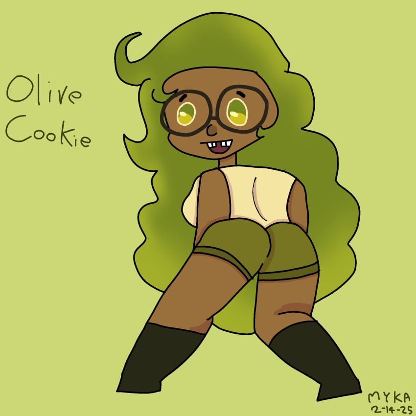 back_view booty_shorts brown_body brown_skin cookie_run cookie_run_kingdom geek glasses green_eyes green_hair happy happy_female head_turned long_hair nerd nerdy nerdy_female nsfwmyka olive_cookie smile tooth_gap