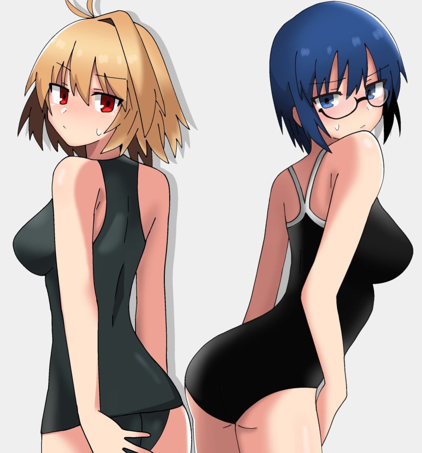 ahoge arcueid_brunestud ass ass_focus big_ass big_breasts big_butt black_swimsuit blonde_hair blue_eyes blue_hair blush butt_focus ciel_(tsukihime) covering covering_ass covering_self flustered glasses huge_breasts large_breasts looking_at_viewer maz_515 melty_blood one_piece_swimsuit presenting_hindquarters red_eyes short_hair shy sideboob sweatdrop swimsuit tsukihime tsukihime_(remake) turning_around type-moon