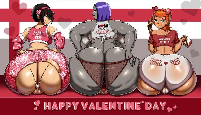 3girls ass avatar_the_last_airbender ben_10 female female_only gigantic_ass gwen_tennyson huge_ass presenting_ass presenting_hindquarters raven_(dc) sitting tagme teen_titans toph_bei_fong valentine's_day vn_simp